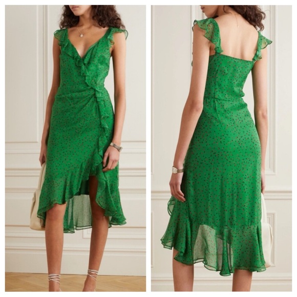 Veronica Beard Amal Green Floral Silk Chiffon Ruffle Midi Dress Size 0